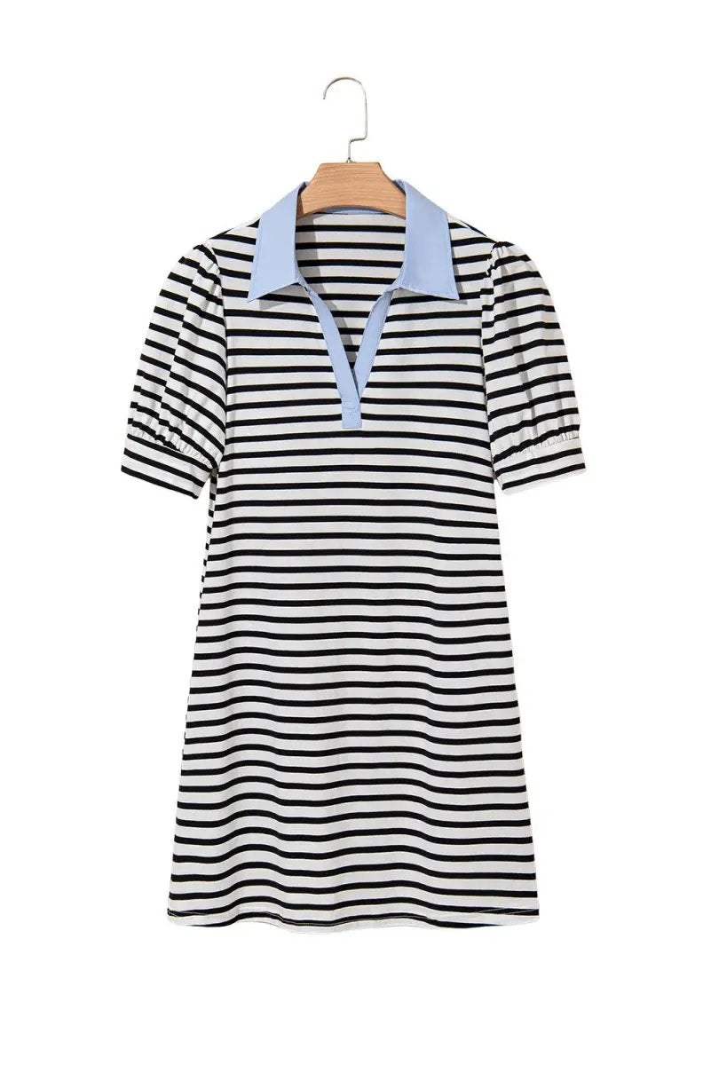 Black Stripe Contrast V Neck Collared Puff Sleeve T Shirt Mini Dress with Pockets - Love Salve